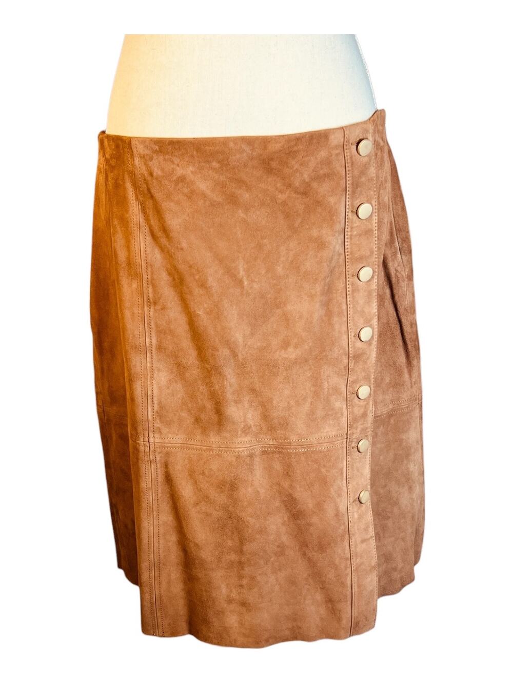 Talbots Brown Goat Suede Button Front A-Line Midi Skirt Size 12P Petite